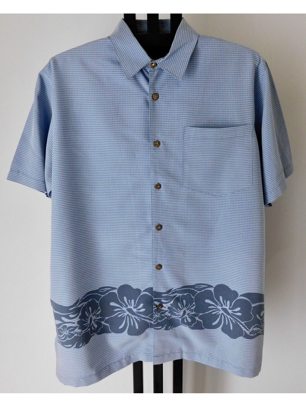 Honolua Surf Co Men's Size L Hawaiian Shirt Blue Gingham Hibiscus Border Print